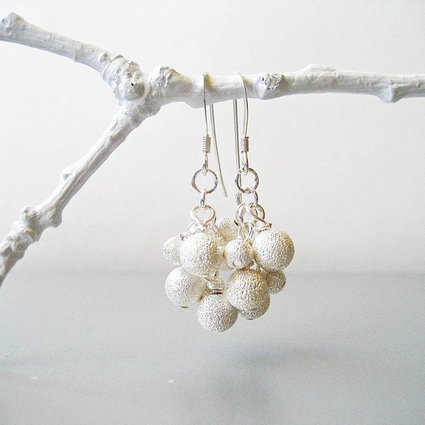 Snow Cluster Earrings -  Silver White Frosted Stardust Sterling Silver Snow Earrings