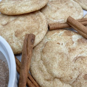 May include: A close-up of a plate of cinnamon sugar cookies with cinnamon sticks. The cookies are light brown and have a slightly crispy texture. The cinnamon sticks are dark brown and have a rough texture.