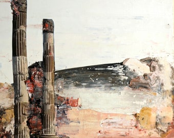 Pompei dejavu, dipinto originale, olio e collage su legno 8x8 pollici