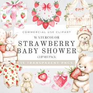 Aquarelle de clipart de fraise, invitation de douche de bébé de fraise, décor de pépinière, décor de fraise, clipart pour un usage commercial, PNG transparents