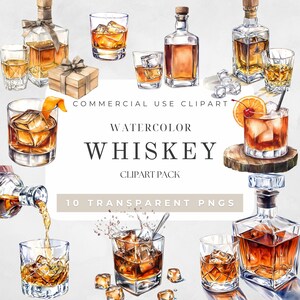 Könnte beinhalten: Aquarell-Illustrationen von Whiskyflaschen und Gläsern. Die Illustrationen sind im Vintage-Stil gehalten und zeigen verschiedene Arten von Whisky, darunter Bourbon, Rye und Scotch. Die Illustrationen eignen sich perfekt für den Einsatz in digitalen oder gedruckten Projekten.