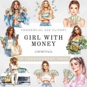 Clipart Ragazza con soldi, PNG Ragazza con soldi, Clipart Ragazza Boss, PNG Ragazza alla moda con soldi in acquerello, Ragazze Hustler, Ragazza Boss, Download digitale