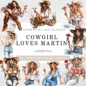 Cowgirl adore le Martini, aquarelle, clipart, femme cowgirl dans un verre à Martini, cocktail, invitation à un enterrement de vie de jeune fille, téléchargement numérique