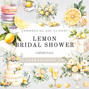 Könnte beinhalten: Ein Set mit 15 Aquarell-Illustrationen mit Zitronen, Blumen und Hochzeitsthemen. Die Illustrationen beinhalten einen Zitronenstrauß, eine Zitronenscheibe, eine Hochzeitstorte, ein Glas Champagner, eine Geschenkbox und Macarons. Die Illustrationen sind perfekt für die Erstellung von Einladungen, Dankeskarten oder anderen Hochzeitspapieren.