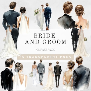 Könnte beinhalten: Aquarell-Clipart-Paket mit Illustrationen von Brautpaaren in verschiedenen Posen. Die Bilder zeigen Paare beim Gehen, mit dem Text "BRIDE AND GROOM CLIPART PACK" und "15 TRANSPARENT PNGS". Die Illustrationen sind in sanften Farben gehalten.