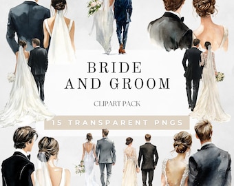 May include: Watercolor clipart pack featuring illustrations of brides and grooms in various poses. The images include couples walking, with the text "BRIDE AND GROOM CLIPART PACK" and "15 TRANSPARENT PNGS". The illustrations are in soft colors.