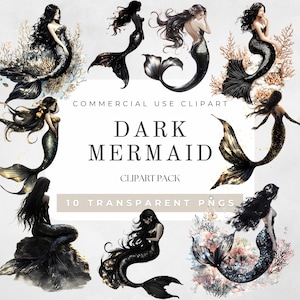 Clipart de sirène sombre aquarelle, filles de sirène gothiques, graphiques de sirène fantastiques, clipart d'océan sombre, nageoire de sirène, art de sirène, utilisation commerciale