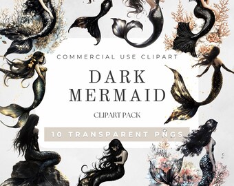 Dark Mermaid Clipart Watercolor, Gothic Mermaid Girls, Fantasy Mermaid Graphics, Dark Ocean Clipart, Mermaid Fin, Mermaid Art,Commercial Use
