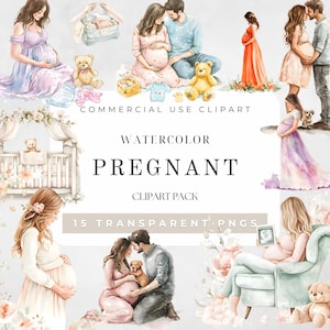 Clipart de acuarela de futura mamá, clipart de embarazo, clipart de mujer embarazada, arte de embarazo feliz, PNG de embarazada, clipart de mamá, descarga digital