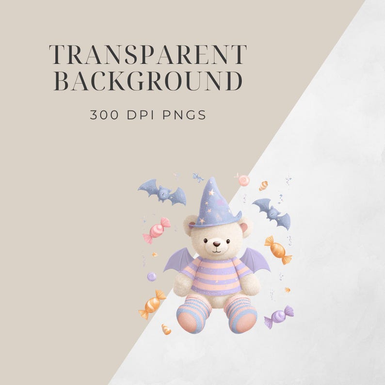 May include: A whimsical illustration featuring a teddy bear dressed for Halloween. The bear wears a blue wizard hat and bat wings, with a striped shirt. Candy and bats surround the bear. The text "TRANSPARENT BACKGROUND" and "300 DPI PNGS" is at the top.