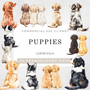 Puppies Backview Clipart Watercolor, Dog Clipart, Cute Dog Breed Sublimation Designs, Golden Retriever Nursery Decor, Puppy,Digital Download