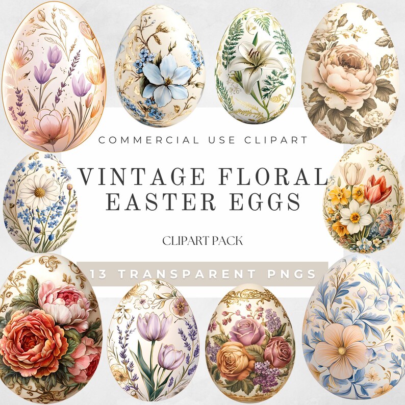 Vintage Floral Easter Eggs Clipart PNG Set | Watercolor Easter Egg ...