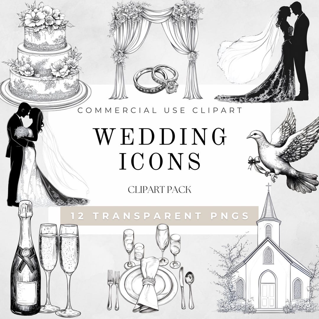 Wedding Clipart PNG Set Elegant Bridal Icons Black and White Wedding ...