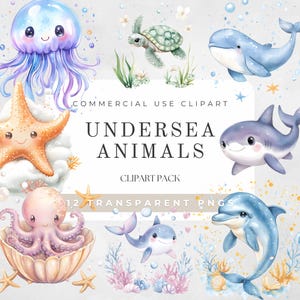 Undersea Animals Clipart Watercolor, Ocean Clipart, Cute Ocean Nursery Decor, Dolphin Baby Shower, Under The Sea Turtle, Digital Download