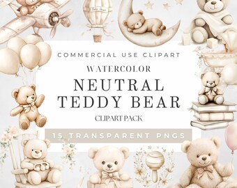 Neutral Teddy Bear Clipart Set Watercolor Baby Shower Nursery Art Beige Vintage Teddy Bears for Baby Invitations Decor Digital Download