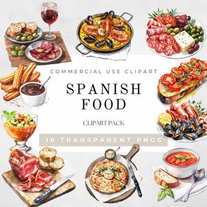 Clipart van eten in Spanje, aquarel PNG van Spaans eten, illustratie van eten in Spanje, menu van een Spaans restaurant, mediterrane clipart, digitale download
