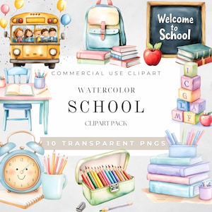 Könnte beinhalten: Aquarell-Clipart-Paket mit schulbezogenen Illustrationen. Enthält einen gelben Schulbus, einen blauen Rucksack, einen Stapel Bücher, eine Tafel mit dem Text "Willkommen in der Schule", einen Satz Alphabetblöcke, einen Schreibtisch und einen Stuhl, eine Bleistiftbox, einen Satz Buntstifte, einen Wecker und ein Notizbuch.