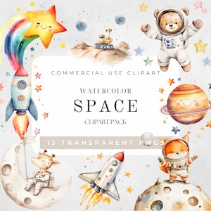 Clipart acquerello spaziale, clipart spaziale in formato PNG, stelle e luna in formato PNG, simpatico astronauta in formato PNG, clipart razzo, piccola arte spaziale, download digitale