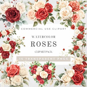Red Roses Watercolor Clipart, Floral Summer Clipart, Floral Arrangement, Wedding Flowers Bouquet Clipart, Red Roses PNG, Digital Download