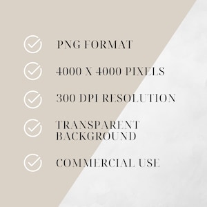 May include: A graphic with text on a beige background. The text includes "PNG FORMAT", "4000 X 4000 PIXELS", "300 DPI RESOLUTION", "TRANSPARENT BACKGROUND", and "COMMERCIAL USE". Each line of text has a checkmark icon.