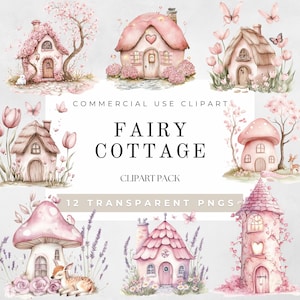 Clipart Fairy Cottage Akwarela, Clipart Fairy, Różowy Ogród Wróżek I Dom, Magiczny Grzyb Motyl Dekoracja Przedszkola, Pobieranie Cyfrowe