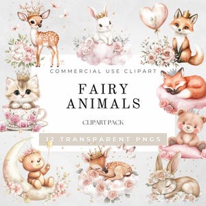 Animaux féeriques aquarelle, clipart féerique, décoration d'anniversaire féerique, animaux de jardin féerique rose, chambre d'enfant magique dans les bois, téléchargement numérique