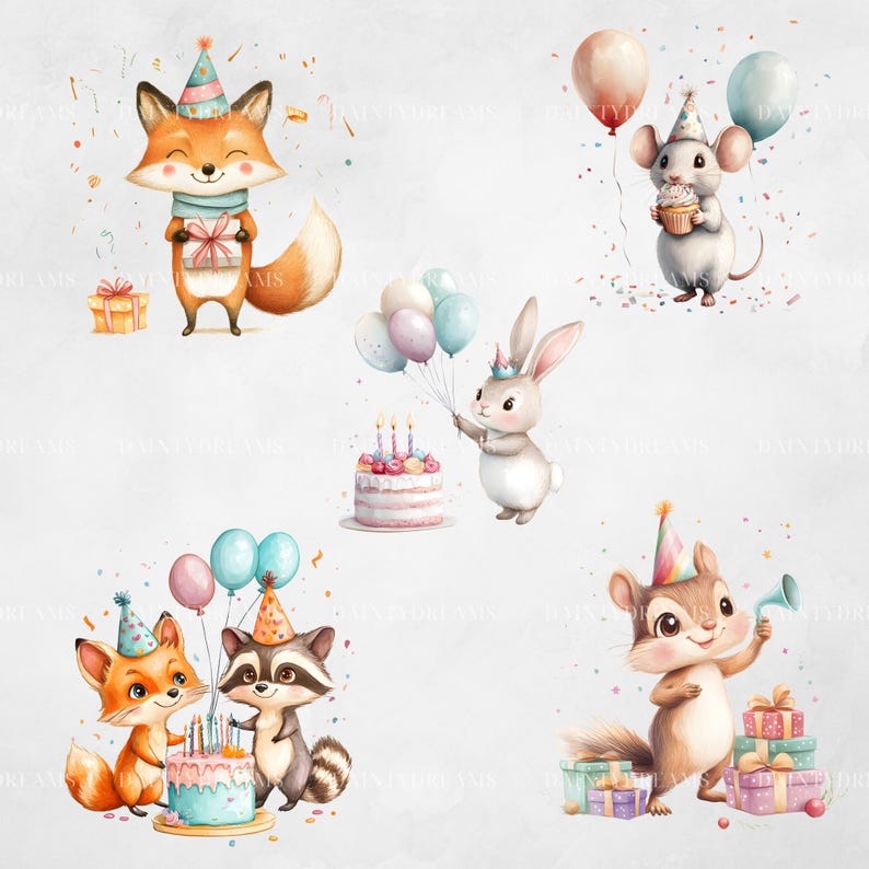 Woodland Birthday Party Clipart for Kids | Cute Forest Animals Birthday ...