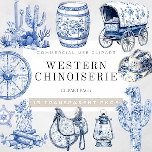 Western Chinoiserie Clipart, Western PNG, Cowboy Hat PNG, Country Decor, Blue Toile Cowgirl, Clipart voor commercieel gebruik, Transparante PNG's