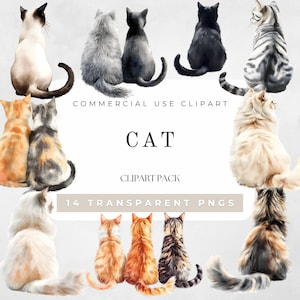 Chat vue arrière clipart aquarelle, cadeau amoureux des chats, motifs de sublimation de race de chat mignon, t-shirt chat noir, téléchargement numérique