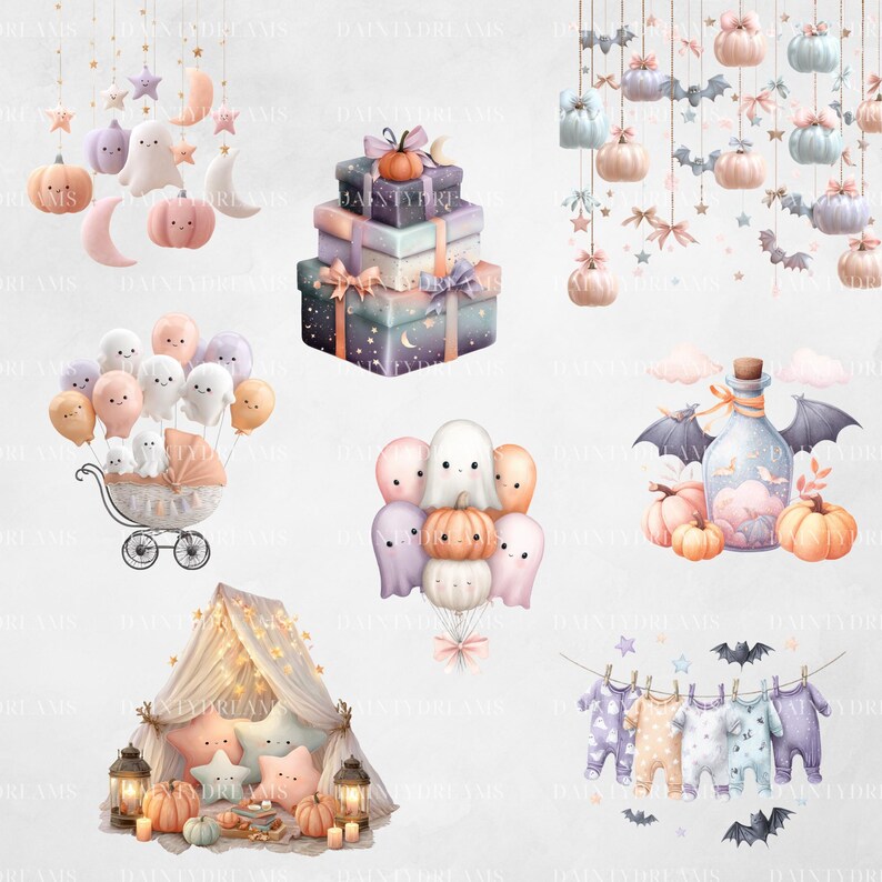 May include: A collection of watercolor illustrations featuring Halloween and autumn-themed elements. The images include pumpkins, ghosts, bats, gift boxes, a baby carriage, a tent, and baby clothes. The color palette is soft, with pastel shades of orange, pink, and purple.