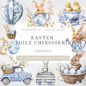 Toile Chinoiserie Easter Clipart, Blue Easter Graphics, Spring Clipart, Trendy esthetische PNG, Clipart voor commercieel gebruik, transparante PNGs