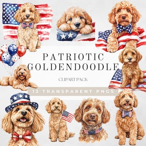 Clipart Goldendoodle patriottico PNG del 4 luglio, maglietta per cani del 4 luglio, PNG del Giorno dell'Indipendenza, Clipart del Giorno della Memoria, bandiera americana Goldendoodle