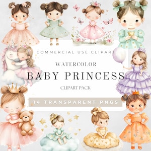 Clipart de acuarela de princesa bebé, clipart de princesa rosa, princesita PNG, niña, cumpleaños de princesa, baby shower PNG, descarga digital