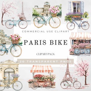 Clipart aquarelle vélo parisien, Clipart aquarelle Paris, Illustrations parisiennes, Clipart vélo floral aquarelle, Tour Eiffel, Téléchargement numérique