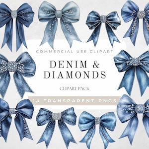 May include: A set of 14 digital clipart images of denim bows with sparkling diamond accents. The bows are in various shades of blue and are perfect for crafting projects, scrapbooking, and digital design.