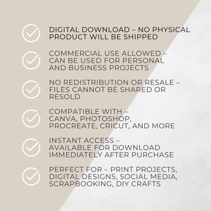 May include: A beige digital download graphic with white text and checkmark icons. The text includes details about commercial use, compatibility with design software, and instant access after purchase. The graphic is suitable for print projects, digital designs, and social media.