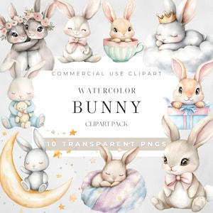 Clipart de lapin mignon, décoration de chambre d'enfant, clipart de lapins, lapins aquarelles PNG, animaux féeriques, art mural de chambre d'enfant, impression de lapin, téléchargement numérique