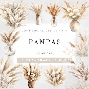 Clipart di disposizione di erba di pampa acquerello, bouquet di erba di pampa, invito di nozze boho, adesivi per planner di fiori secchi, download digitale