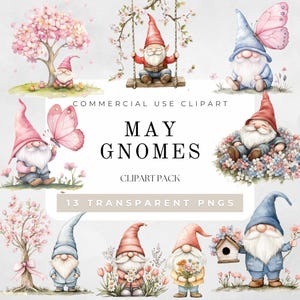 Clipart de mai avec des gnomes, clipart de printemps, clipart aquarelle de mai, muguet PNG, clipart de fleurs de mai, téléchargement numérique