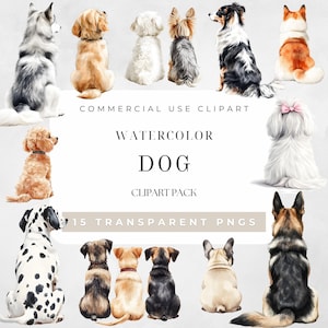 Dog Clipart Aquarelle, Pet Clipart, Chiens de dos Illustrations, Dog Lovers Gift, Dog Races, Clipart for Commercial Use, Transparent PNGs