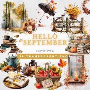 Könnte beinhalten: Eine digitale Kunstsammlung mit Herbstthema. Das Bild enthält Illustrationen eines Fahrrads mit Sonnenblumen, Kürbissen, Äpfeln, einem Fenster mit einer Kerze und dem Text "Hello September".