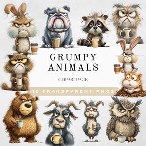 Clipart d'animaux grincheux aquarelle animaux excentriques clipart de café drôle animal des bois drôle PNG clipart excentrique téléchargement numérique