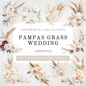 Arte botánico de boda con acuarela de hierba de la pampa, clipart floral de hierba de la pampa, invitaciones de boda rústicas, ramo de hierba de la pampa, descarga digital