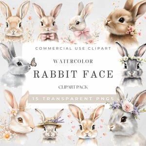 Peut inclure: Un ensemble de 15 illustrations de visages de lapins à l'aquarelle. Les lapins ont des expressions différentes et portent divers accessoires, tels que des fleurs, des nœuds et des chapeaux. Les illustrations sont parfaites pour créer des projets numériques ou imprimés.
