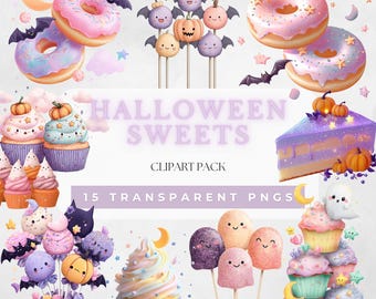Halloween Sweets Clipart Cute Spooky Cupcakes PNG Kawaii Donut Clipart Halloween Candy Illustrations Cake Pop PNG Pastel Halloween Dessert