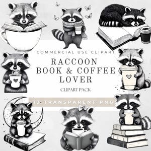 Clipart d'amateur de café de raton laveur, amoureux de livres drôles PNG, Booktrovert PNG, raton laveur de lecture PNG, cadeau d'amateur de café de livre, clipart pour usage commercial
