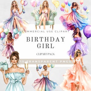 Birthday Clipart, Birthday Girl Watercolor Clipart, Ladies Birthday,Balloons PNG,Celebration Clipart,Cake Prosecco, Digital Download