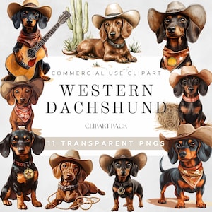 Dachshund Watercolor Clipart, Western Clipart, Sausage Dog Clipart, Western Dog PNG,Cowboy Hat,Saloon Clipart,Dog Breed PNG,Digital Download