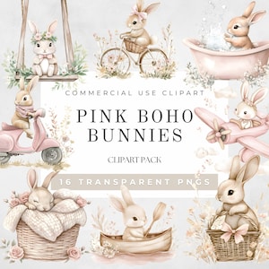 Clipart coniglietto rosa Boho acquerello, Clipart coniglietto pasquale, Clipart primavera, Invito baby shower di Pasqua, Decorazioni per la cameretta di Pasqua, Download digitale