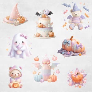 May include: A collection of whimsical Halloween-themed illustrations. Includes a witch's hat with pumpkins, a multi-tiered cake with bats and pumpkins, a teddy bear in a wizard hat, a ghost holding a bottle, and a baby bottle with bat wings.